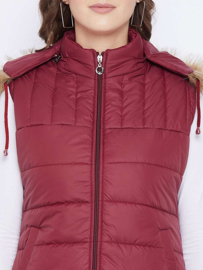 maroon solid hooded sleeveless bomber jacket - 20184748 -  Standard Image - 4