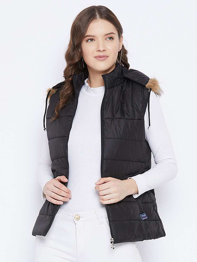 black solid hooded sleeveless bomber jacket - 20184749 -  Standard Image - 1