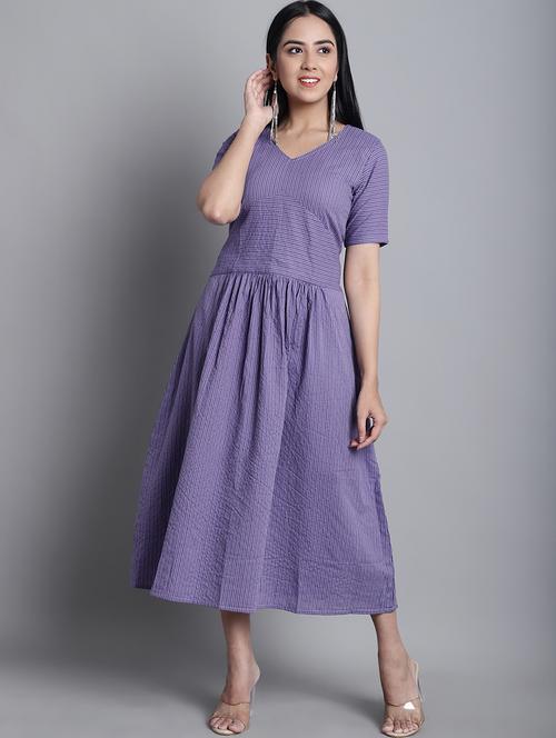 purple stri[ed v neck midi a-line dress - 20187958 -  Standard Image - 0
