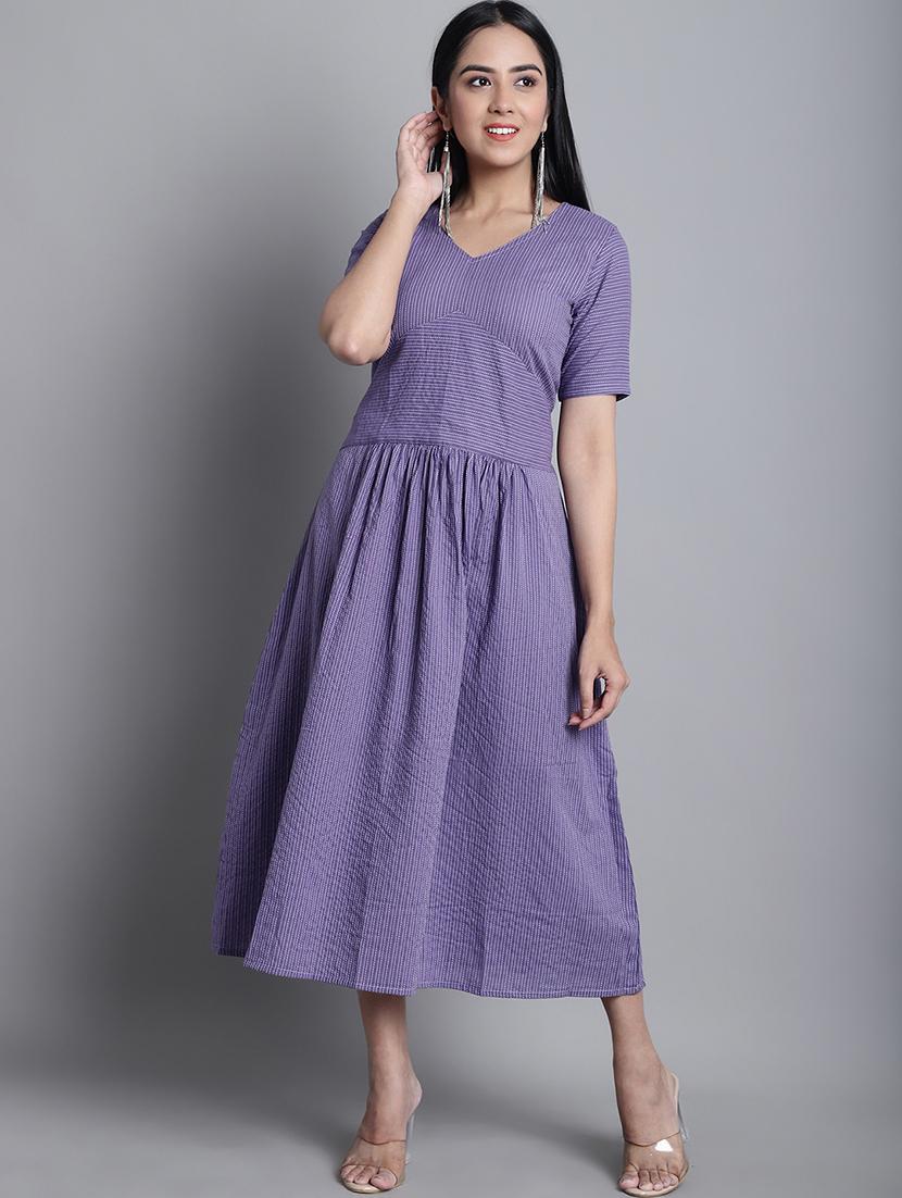 purple stri[ed v neck midi a-line dress - 20187958 -  Zoom Image - 0
