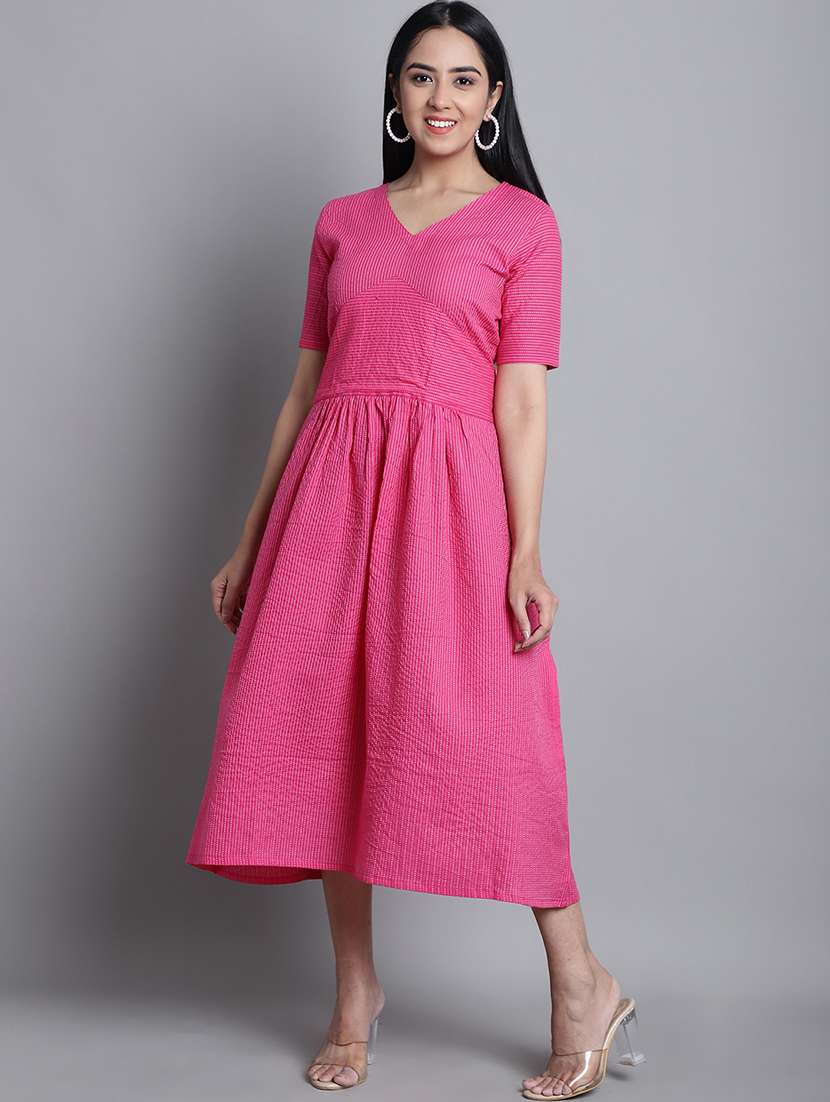 pink striped v neck midi a-line dress