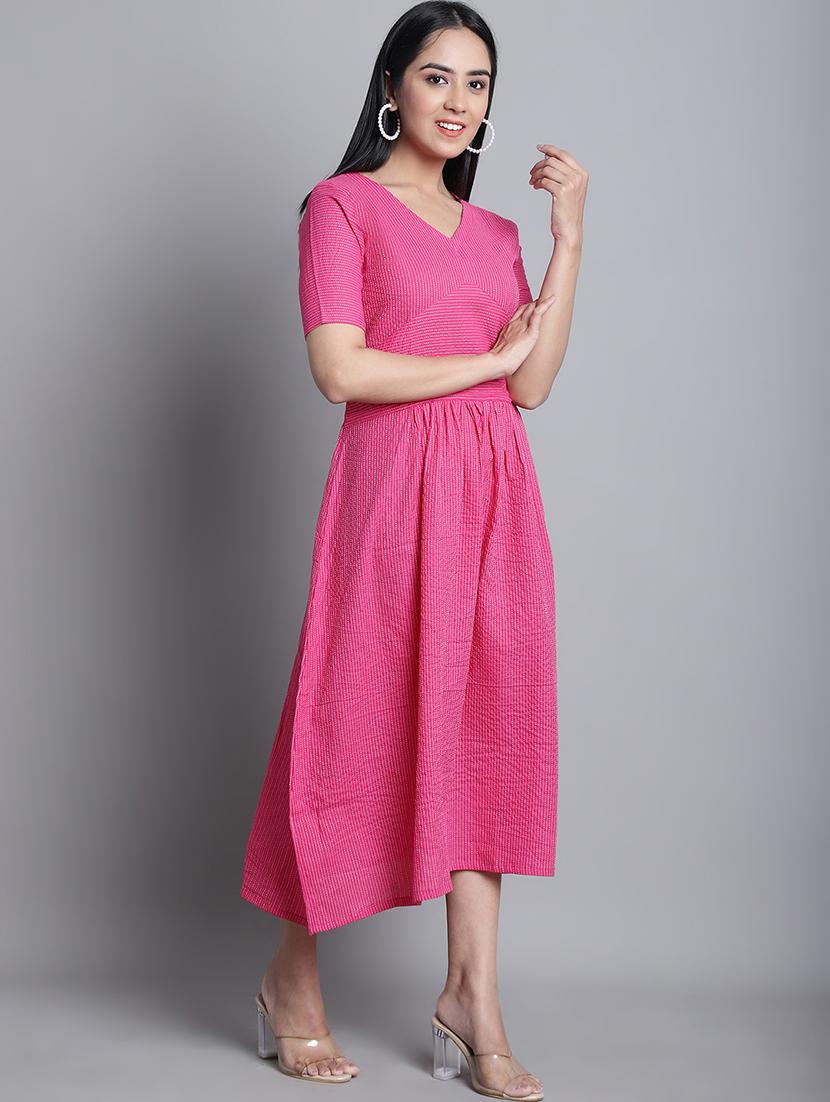 pink striped v neck midi a-line dress - 20187959 - Standard Image - 1