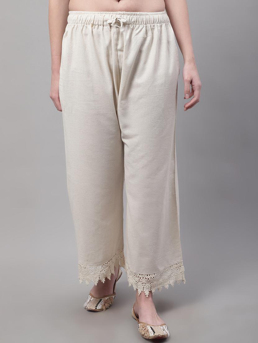 cream solid straight laced hem palazzo - 20188047 - Zoom Image - 0
