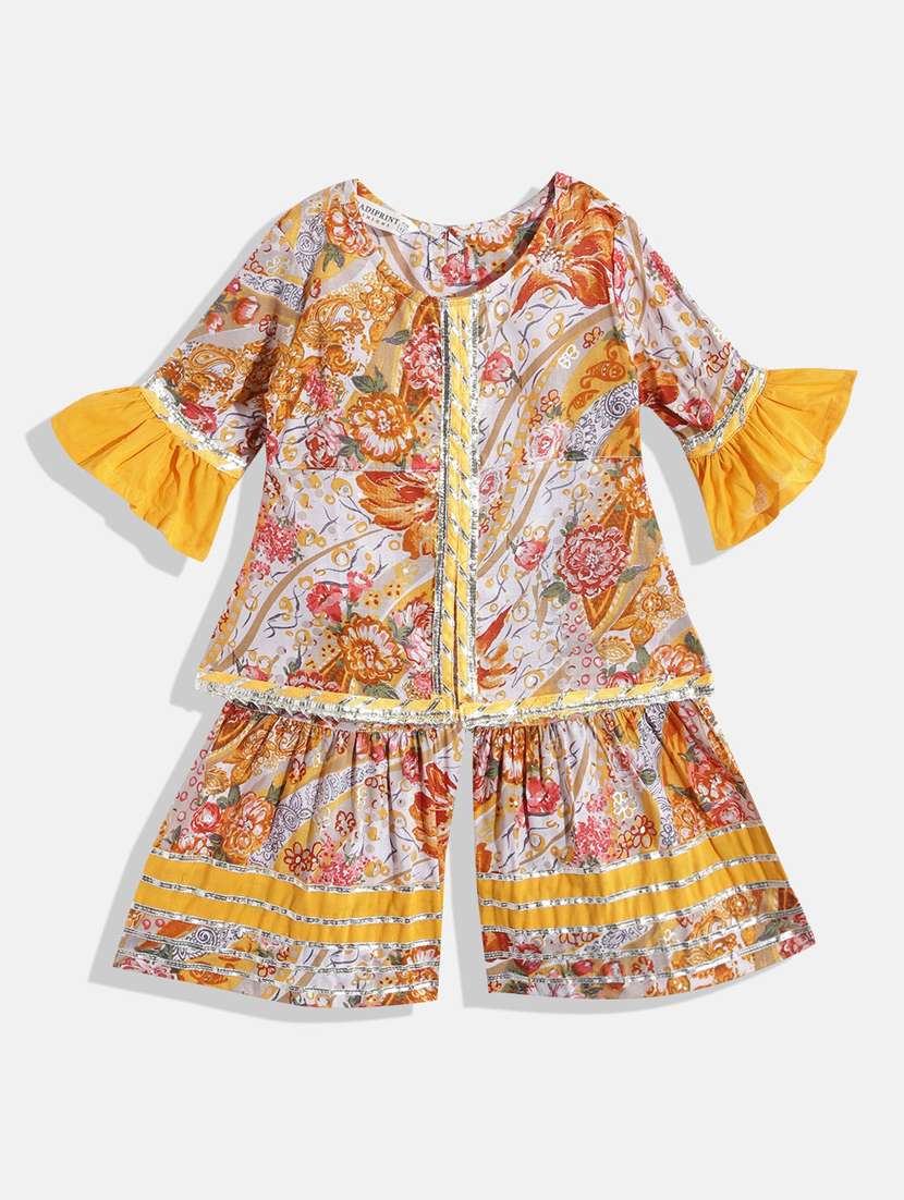 girls yellow cotton kurta sharara set 