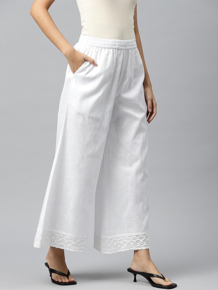 white solid wid ankle leg trouser with pocket - 20188614 - Standard Image - 1