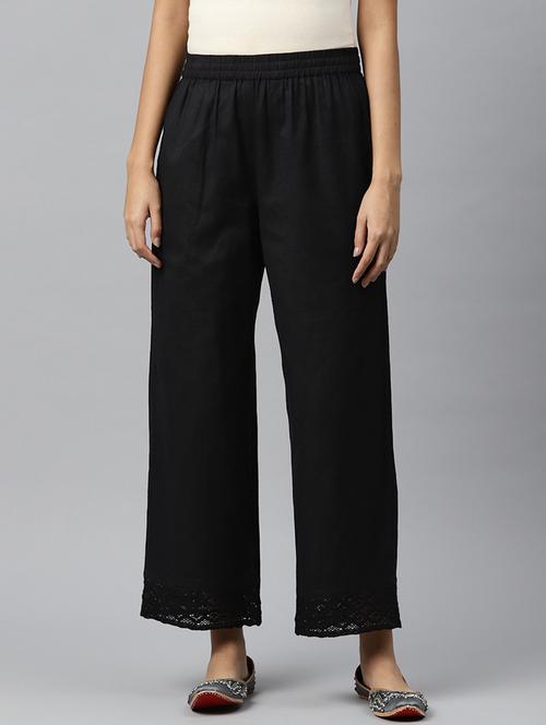 black solid wid ankle leg trouser with laced hem - 20188615 - Standard Image - 0