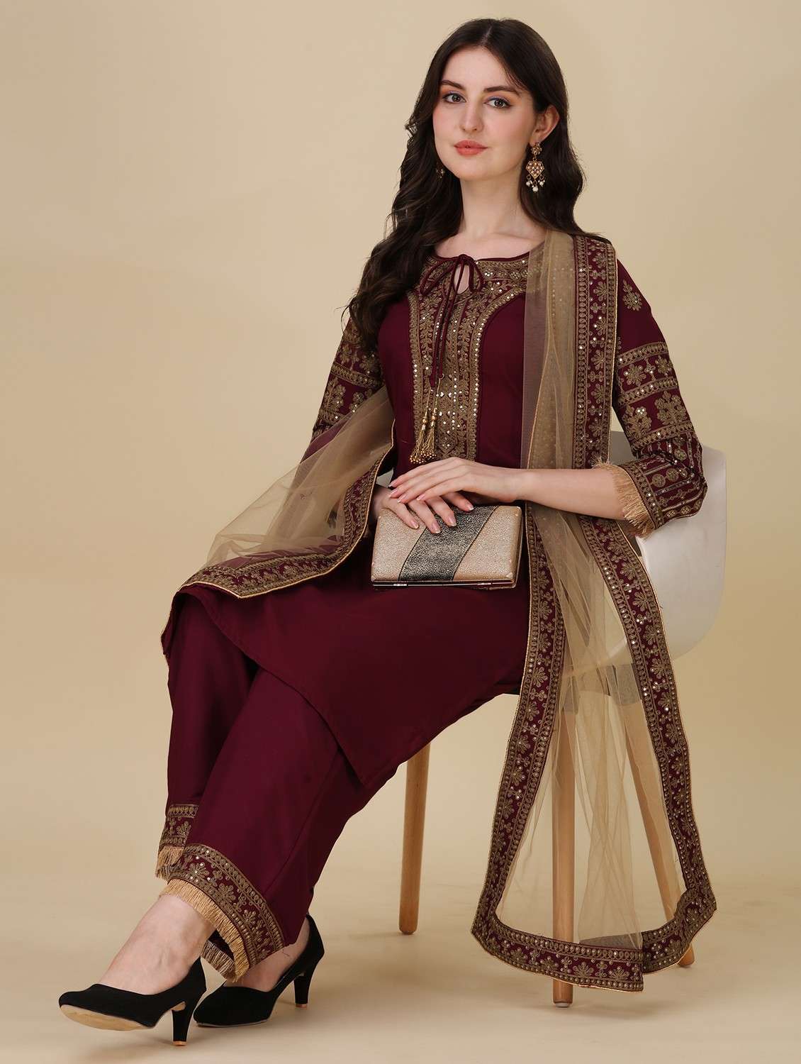 embroidered kurta palazzo set with dupatta   - 20188724 -  Standard Image - 1