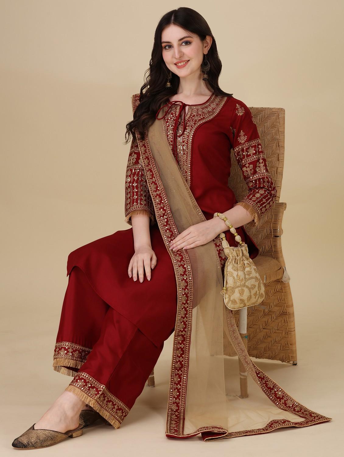 embroidered kurta palazzo set with dupatta - 20188726 - Standard Image - 1