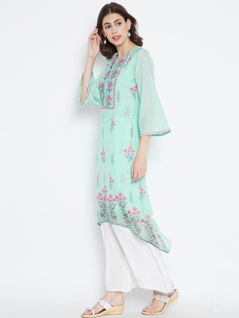 light blue colored high low kurta - 20188902 - Standard Image - 1