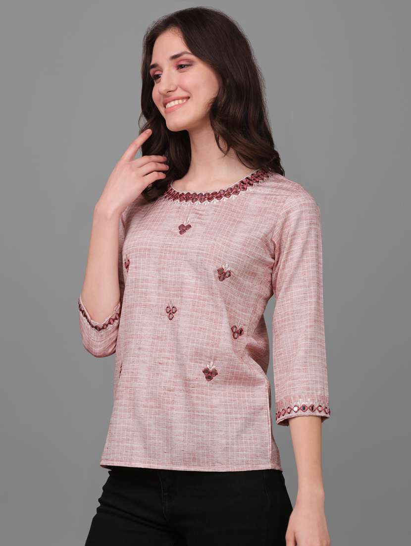 pink self designed mirror work regular top - 20188929 -  Standard Image - 1
