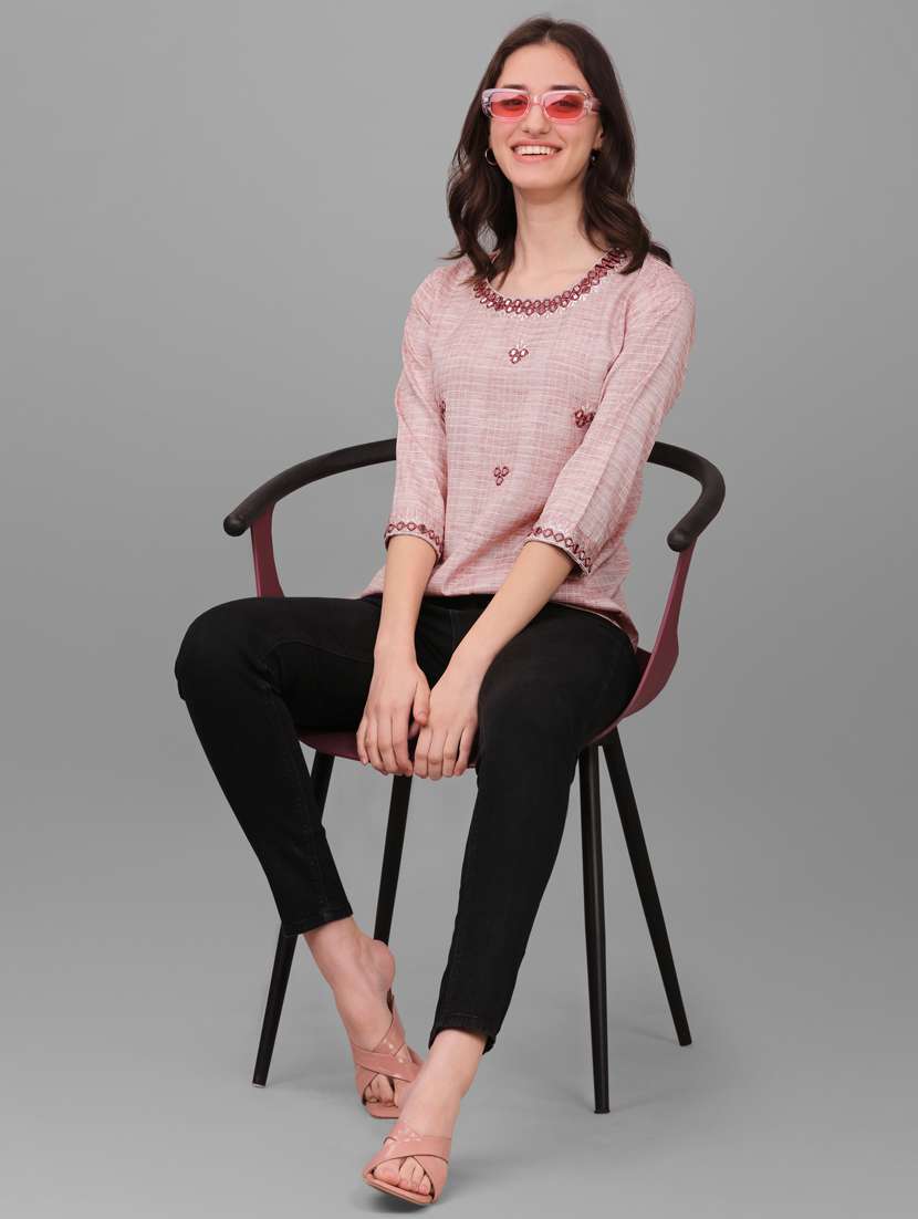 pink self designed mirror work regular top - 20188929 -  Standard Image - 4