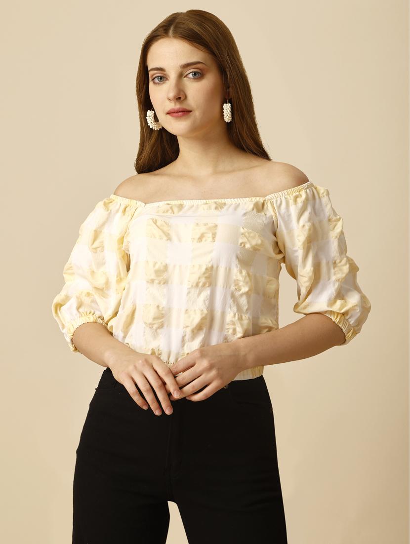women checked off shoulder crop top - 20188946 - Standard Image - 1