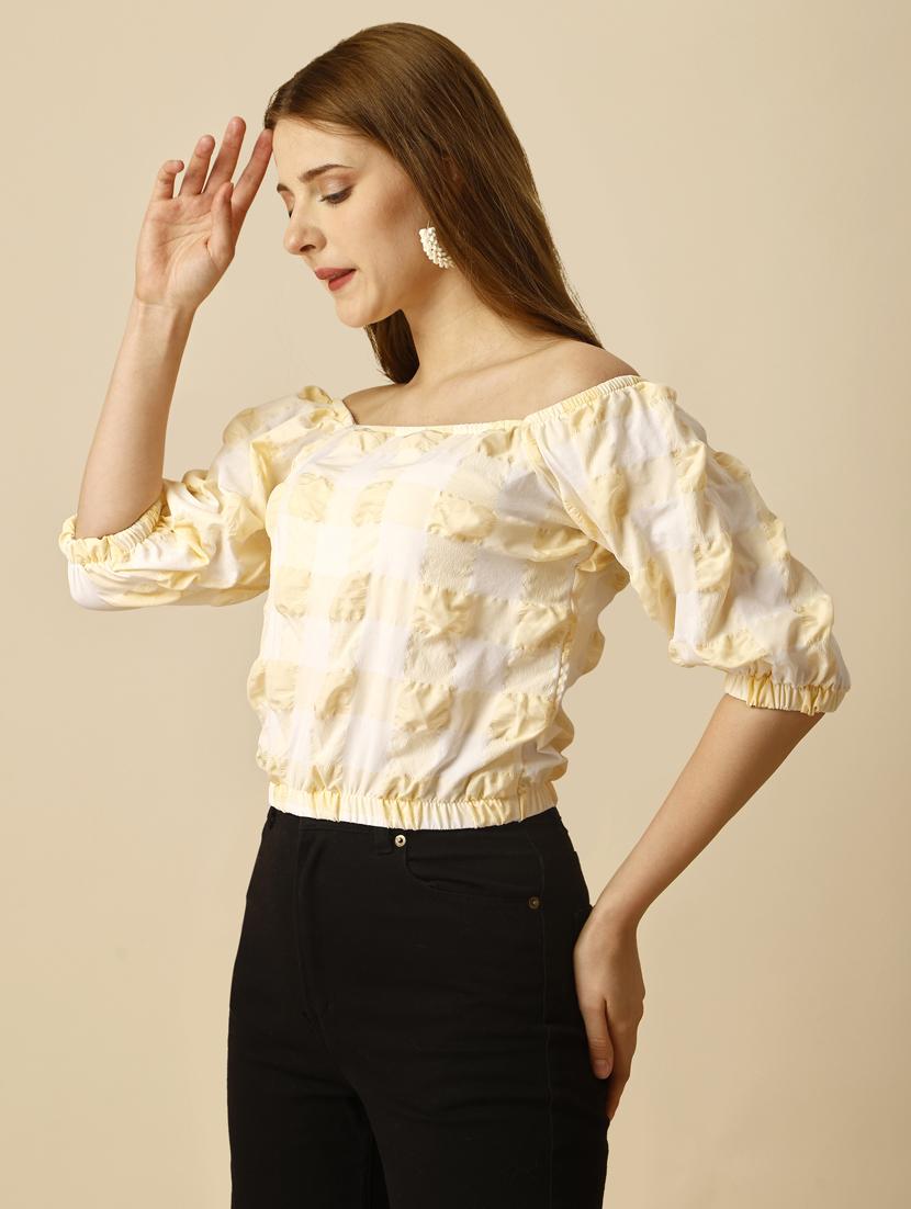 yellow check print blouson top - 20188947 -  Standard Image - 1
