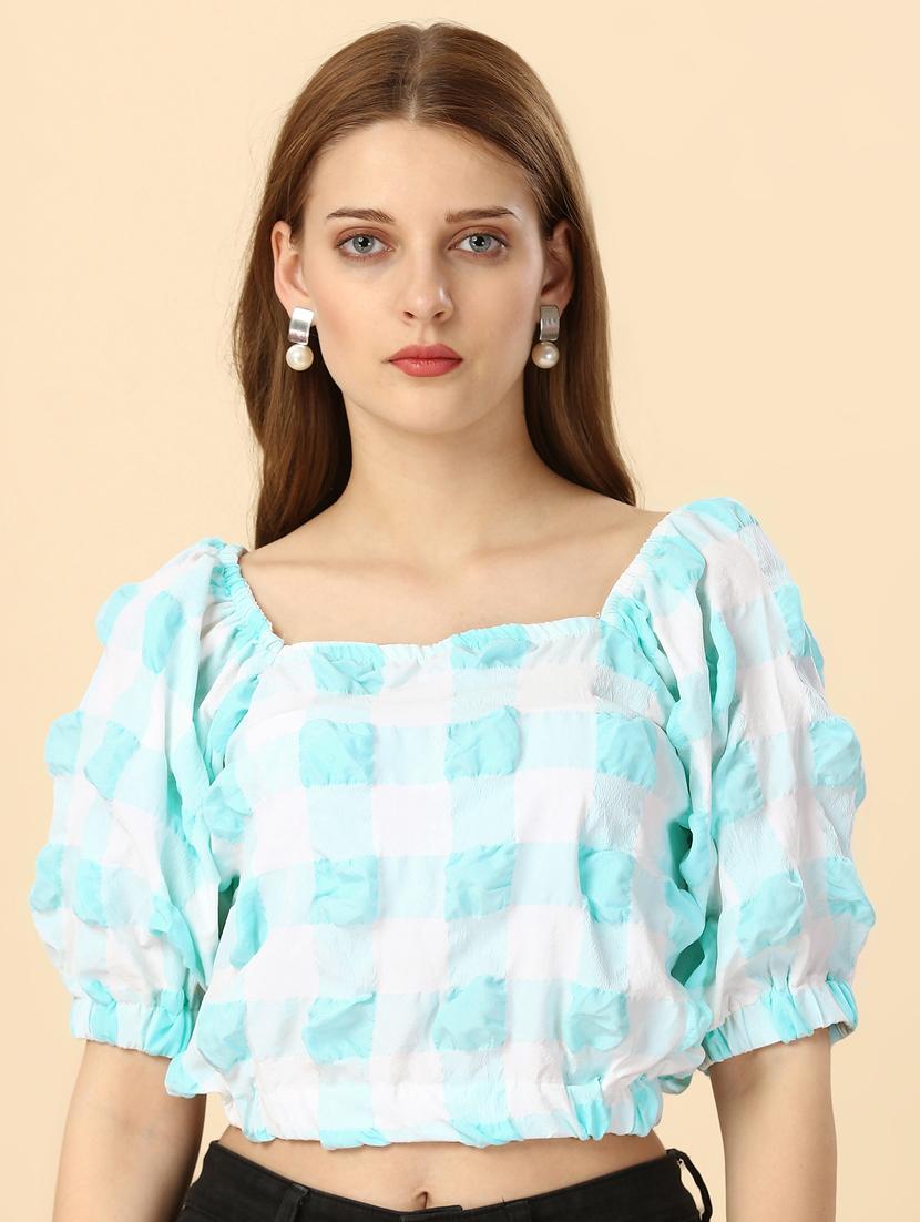 women checked off shoulder crop top - 20188948 -  Standard Image - 1