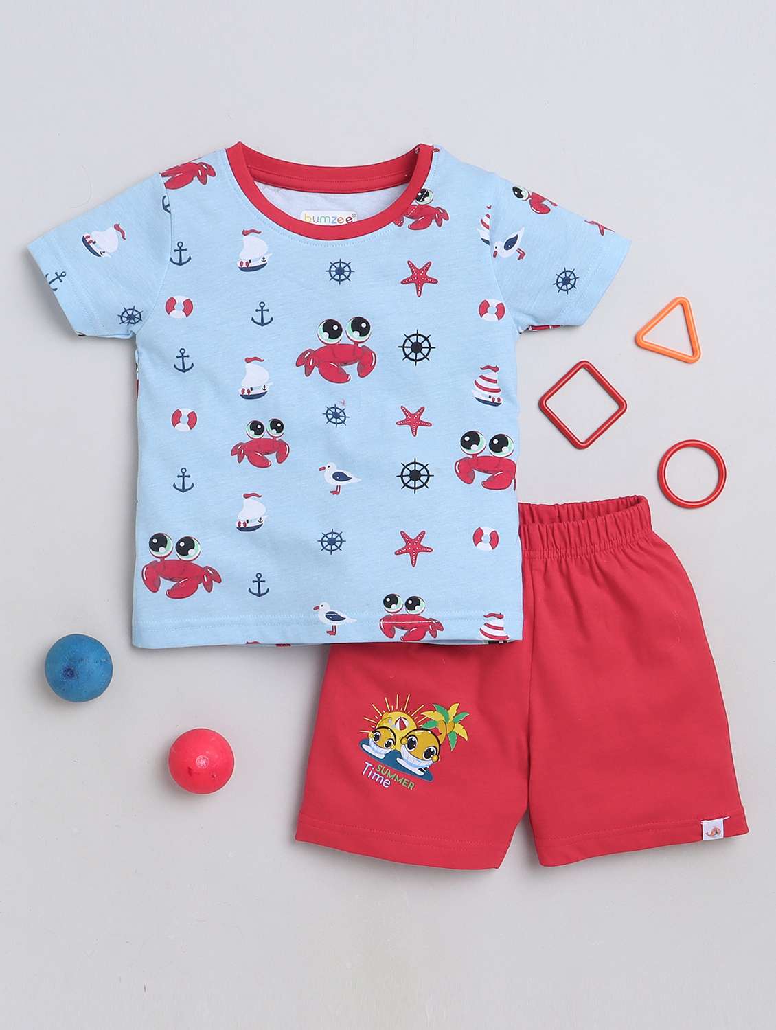 boys light blue printed shorts set