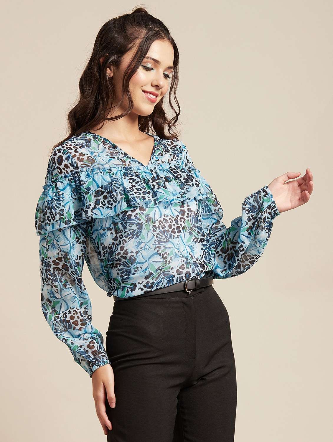 women's blouson v neck top - 20189300 - Standard Image - 1