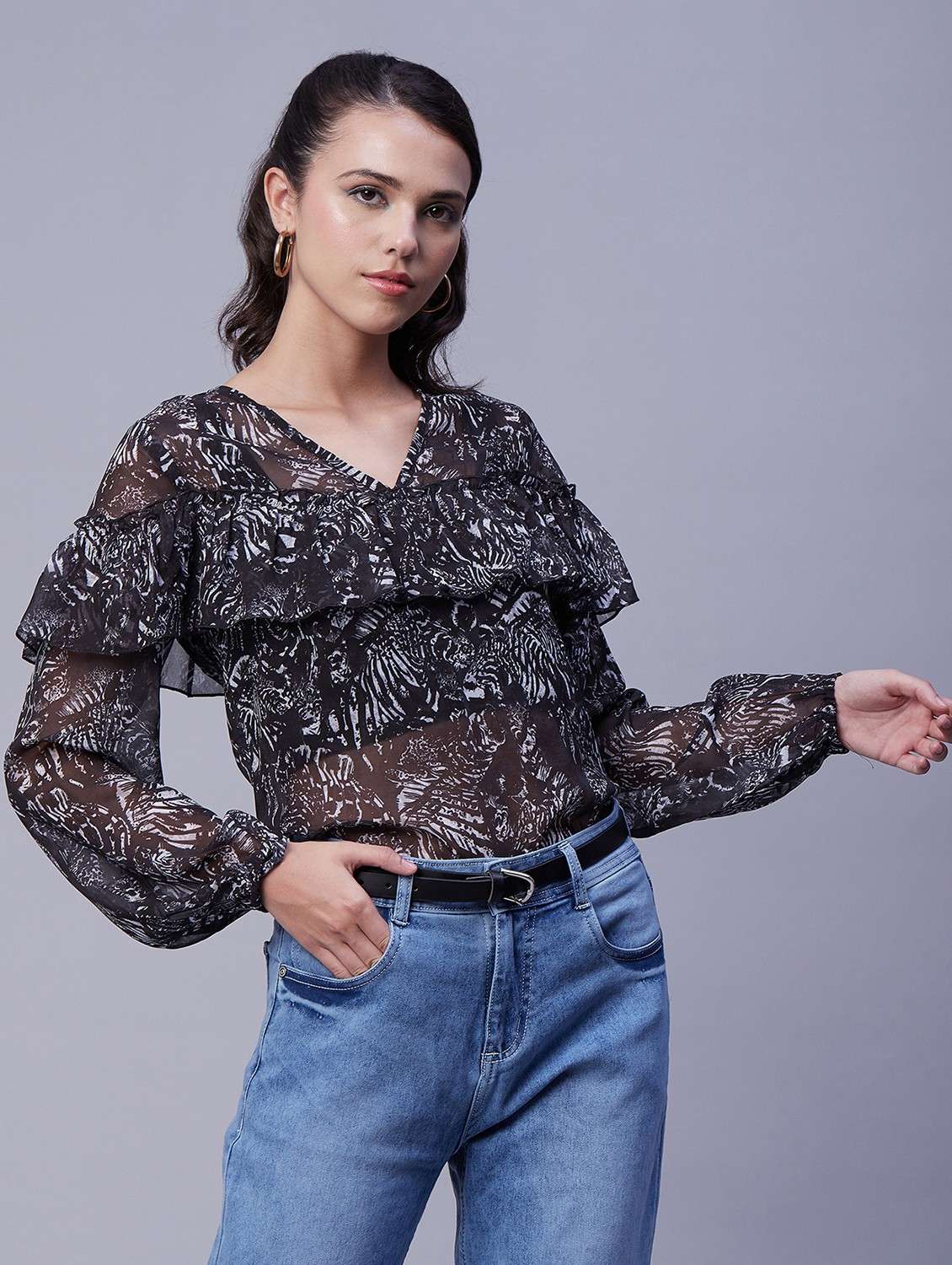 women's ruffle v neck top - 20189301 -  Standard Image - 1