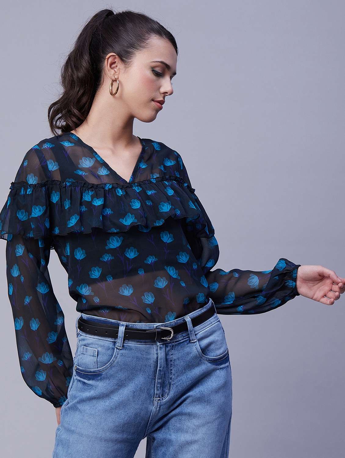 women's ruffle v neck top - 20189303 -  Standard Image - 1