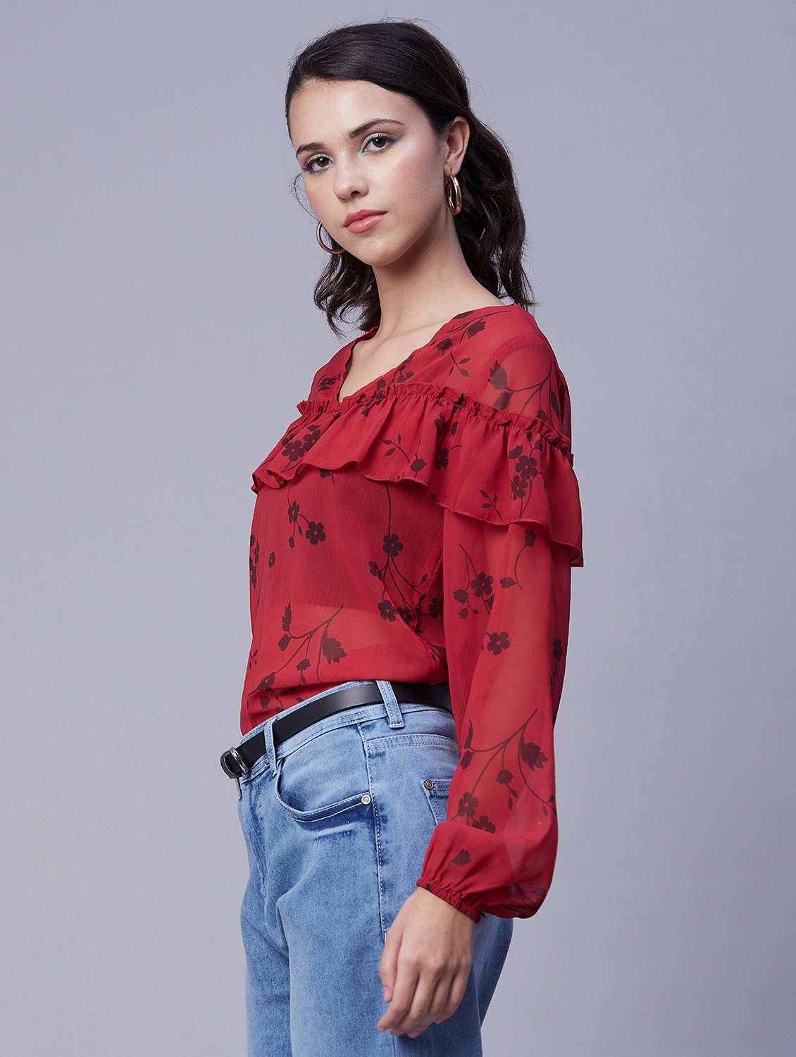 women printed v neck ruffled detailed top - 20189304 -  Standard Image - 1