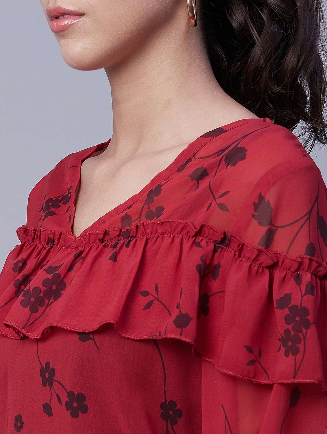 women printed v neck ruffled detailed top - 20189304 -  Standard Image - 4