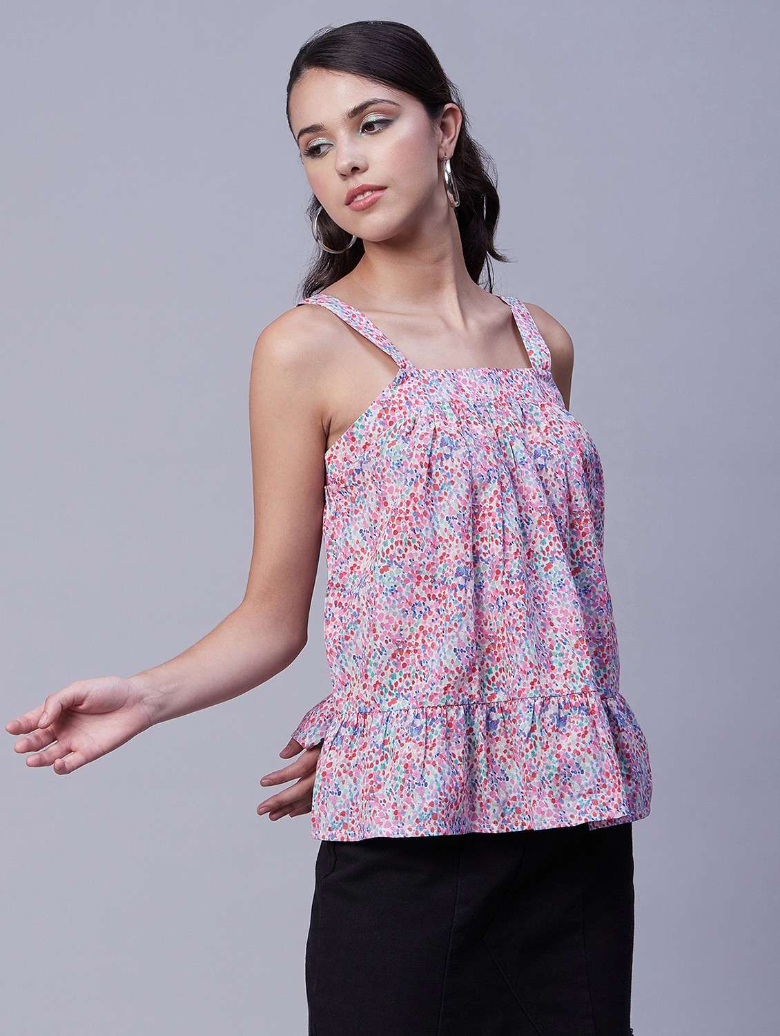 women printed shoulder strap tiered top - 20189311 -  Standard Image - 1