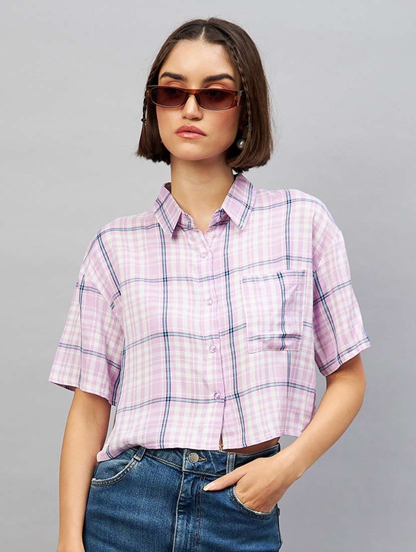 shirt collar checkered crop shirt 