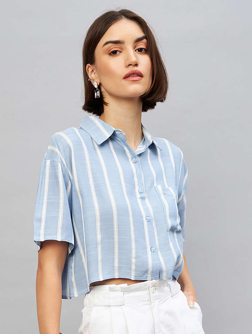 shirt collar striped crop shirt