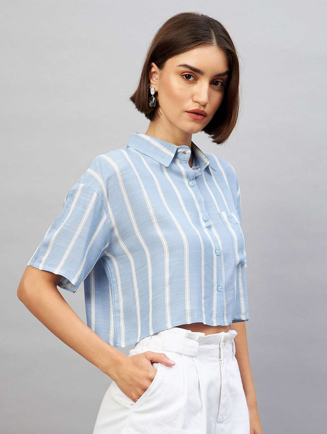 shirt collar striped crop shirt - 20189318 -  Standard Image - 1