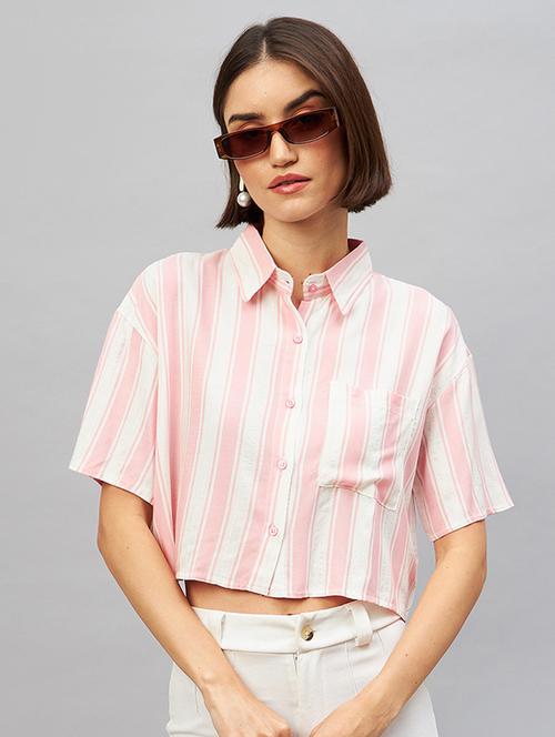 pink striped short sleeves relaxed fit crop shirt - 20189319 - Standard Image - 0