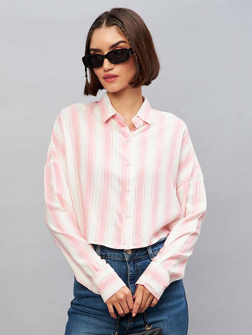 pink striped long sleeves relaxed fit crop shirt