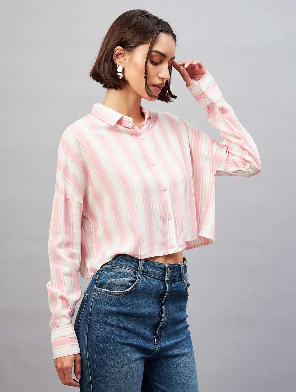 pink striped long sleeves relaxed fit crop shirt - 20189324 -  Standard Image - 1