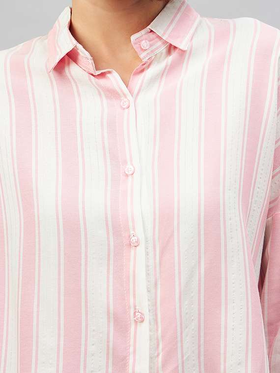 pink striped long sleeves relaxed fit crop shirt - 20189324 - Standard Image - 4