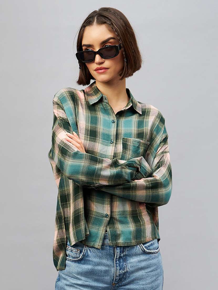 shirt collar checkered oversized shirt
