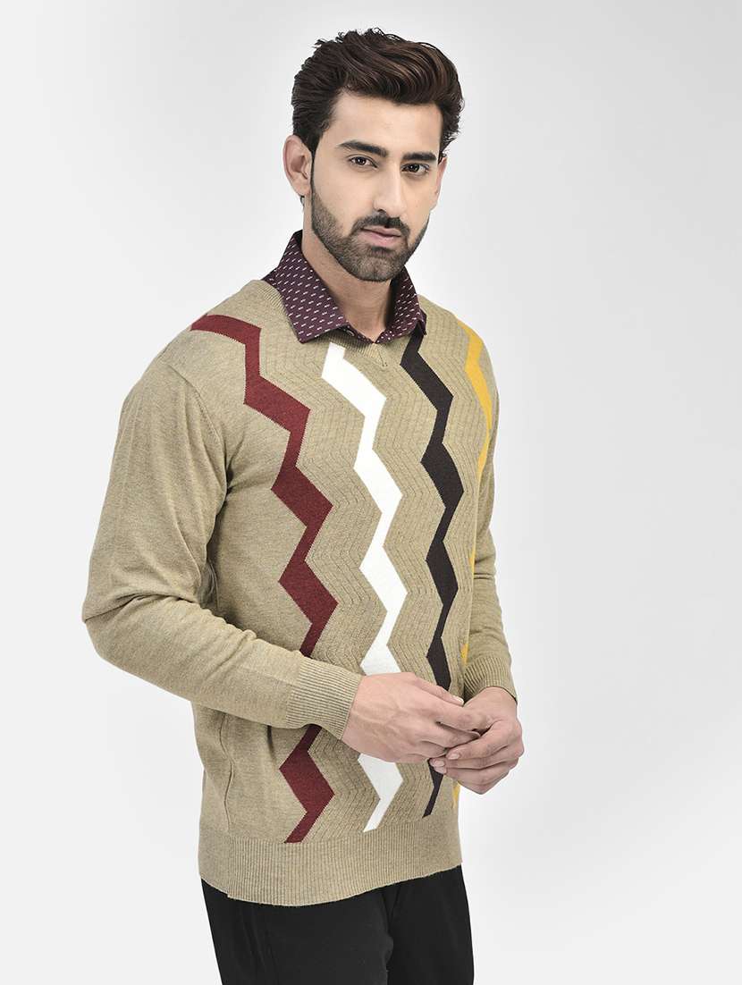 men beige v-neck pullovers - 20189635 -  Standard Image - 1