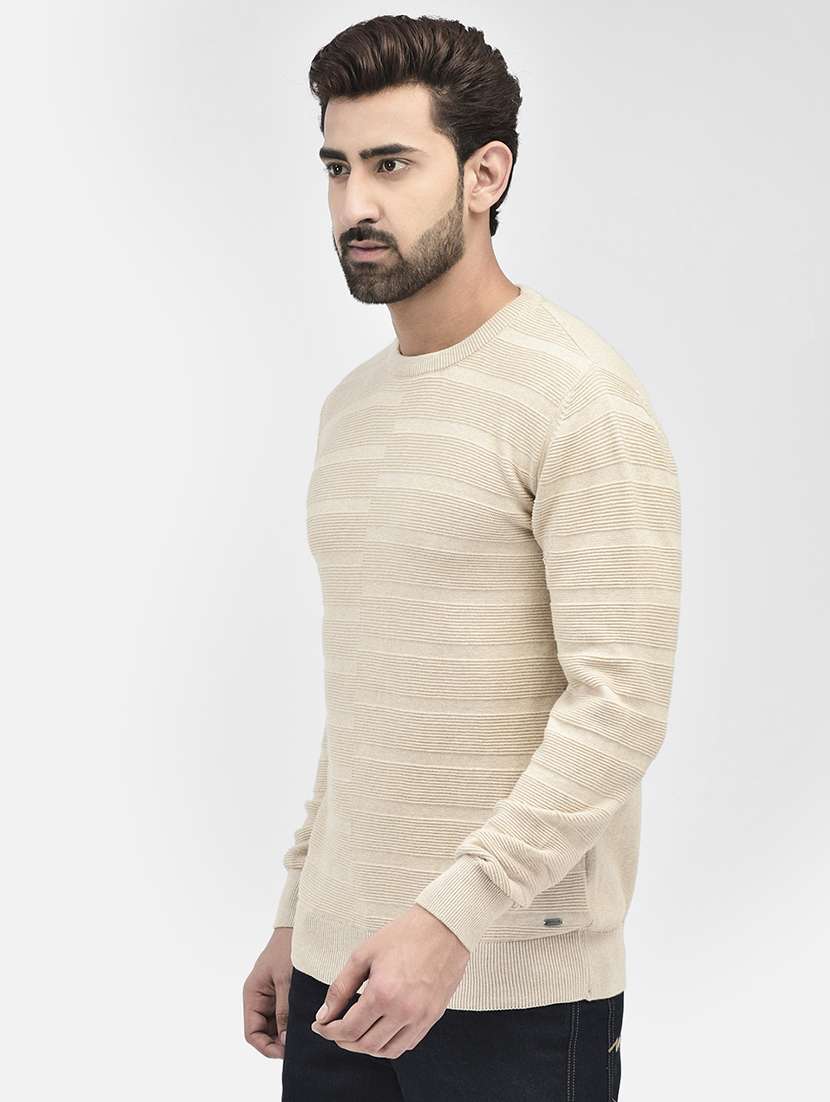 beige stripes round neck pullovers - 20189639 -  Standard Image - 1