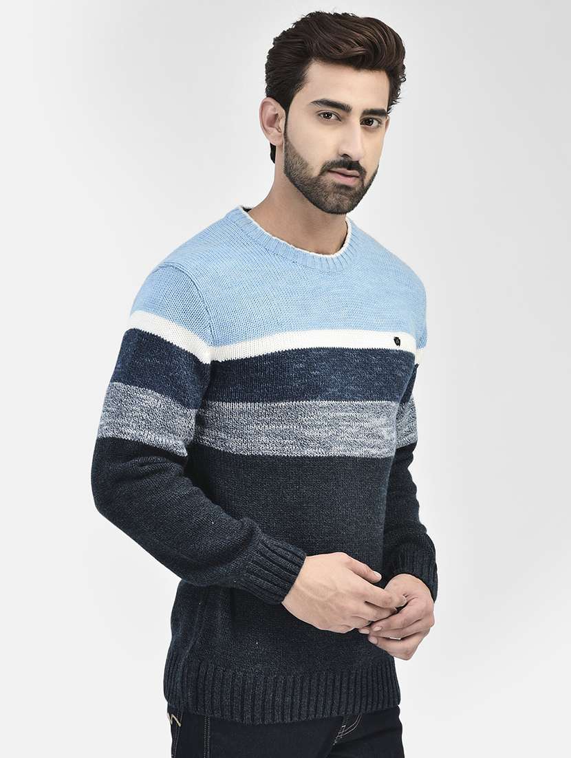 light blue stripes round neck pullovers - 20189643 - Standard Image - 1