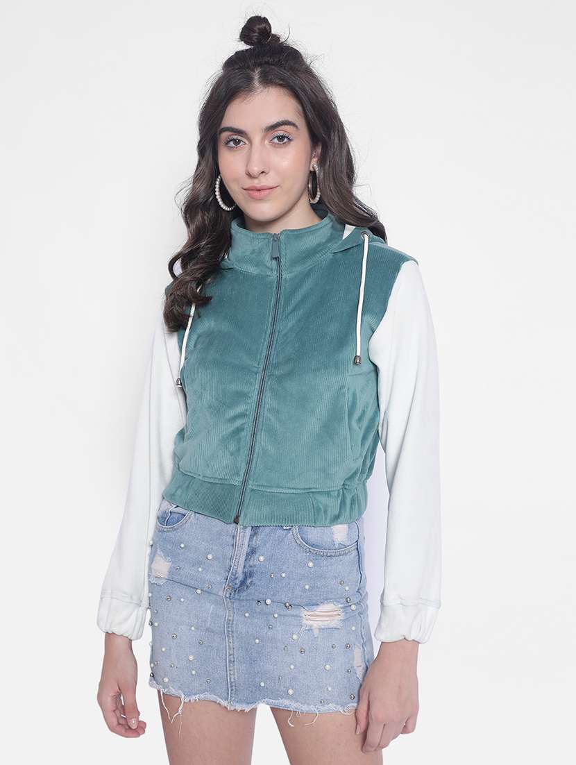 green solid sleeveles hooded jacket