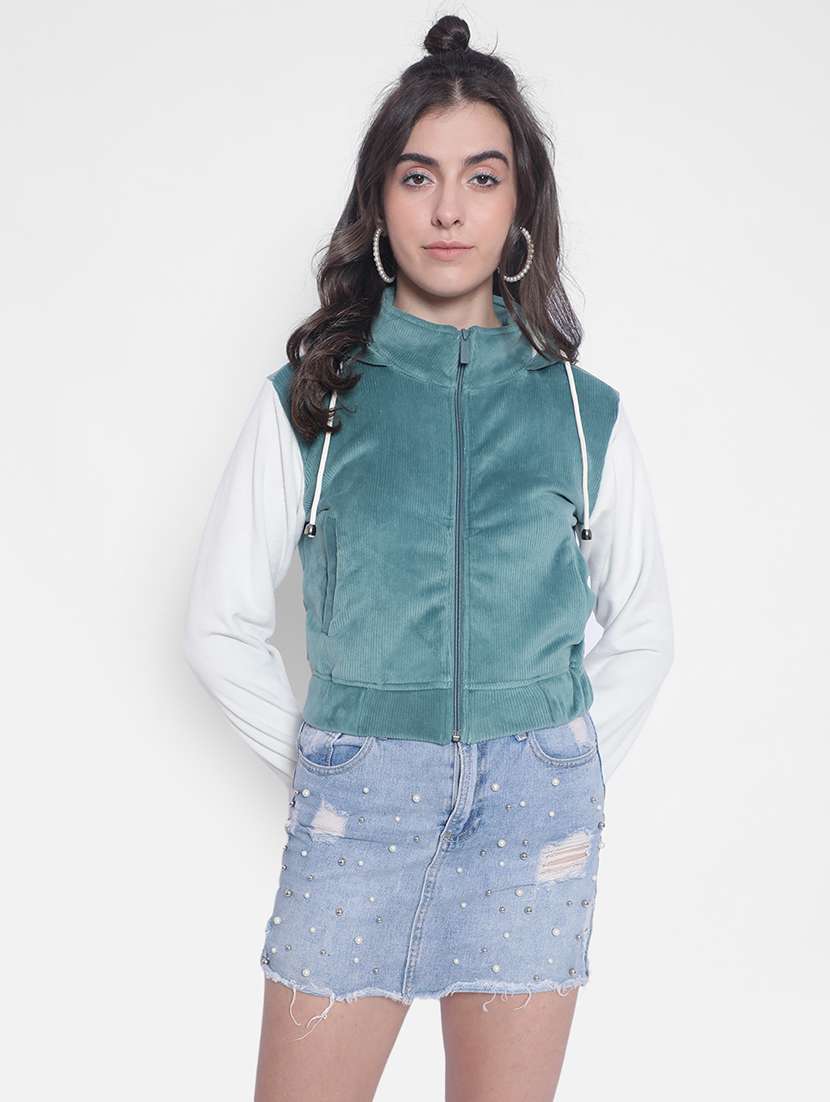 green solid sleeveles hooded jacket - 20189870 -  Standard Image - 1