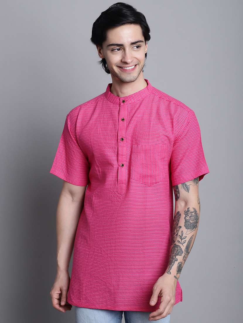 men magenta pink striped short kurta