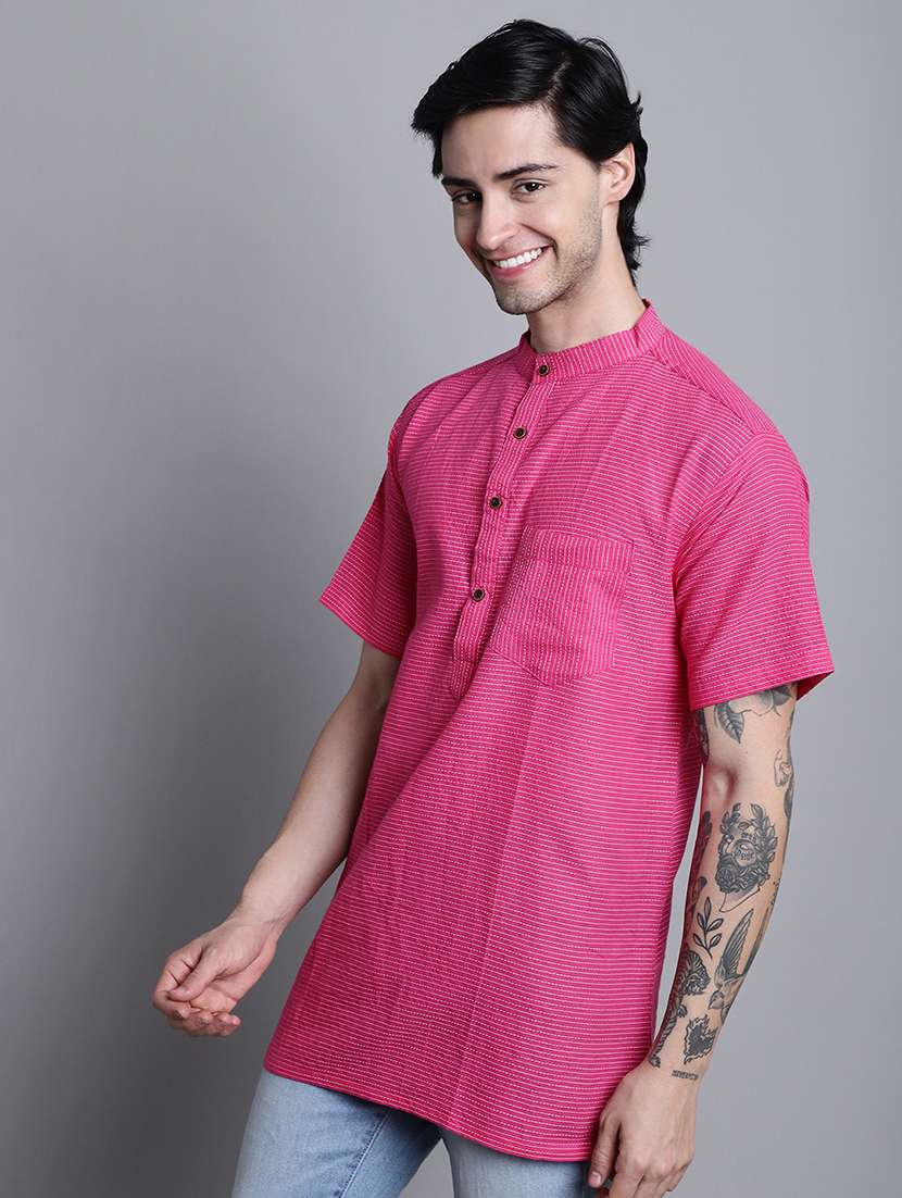 men magenta pink striped short kurta - 20192878 -  Standard Image - 1