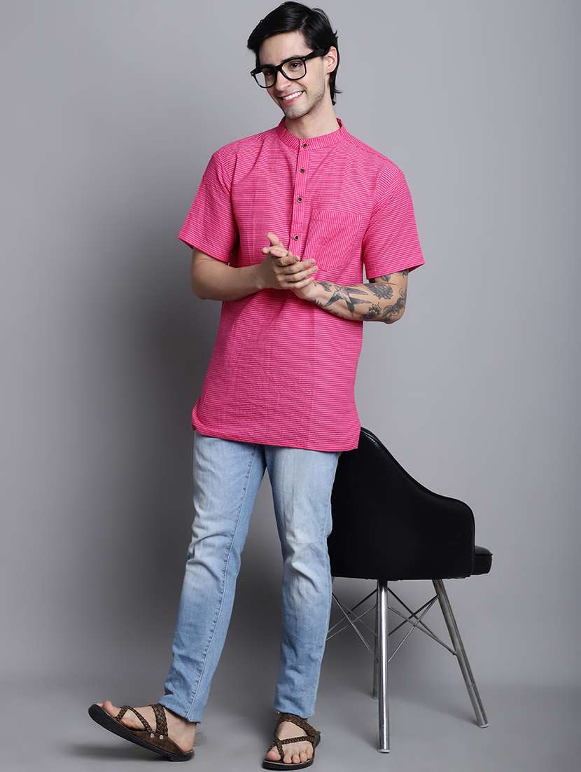 men magenta pink striped short kurta - 20192878 -  Standard Image - 4