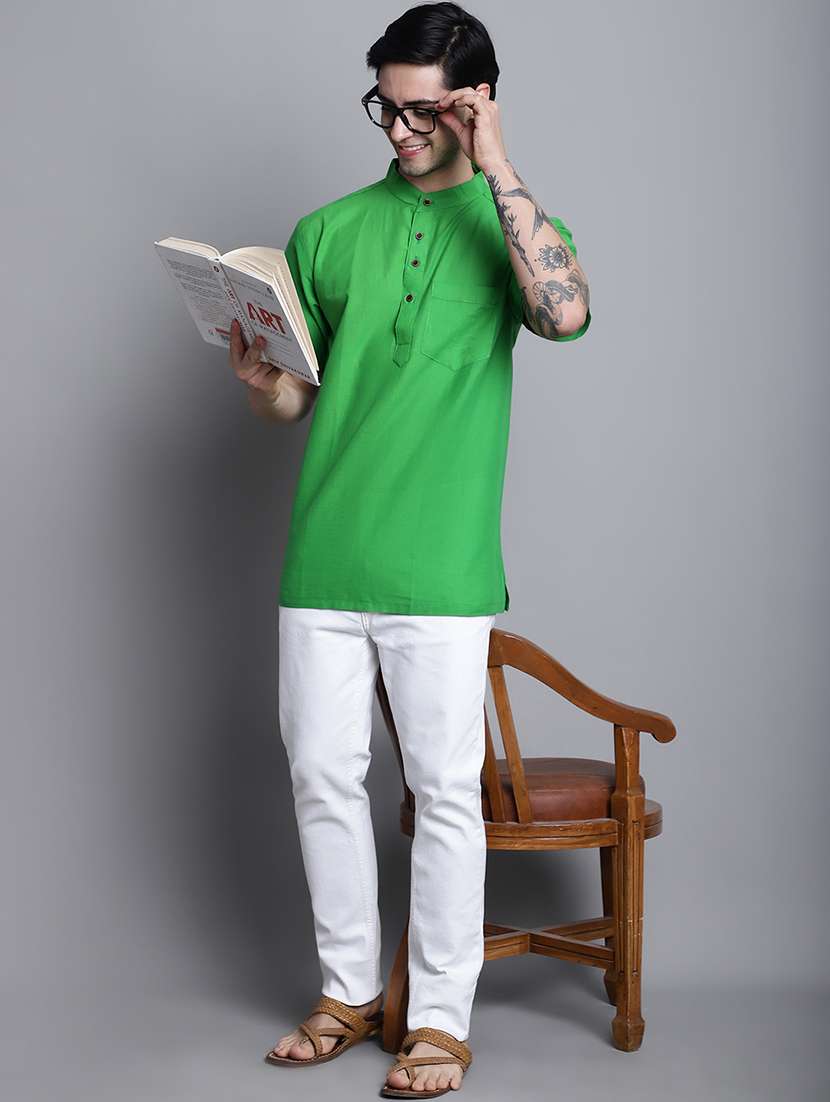 green solid short kurta - 20192886 - Standard Image - 4