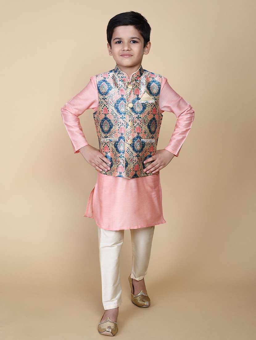 boys pink self design kurta sets