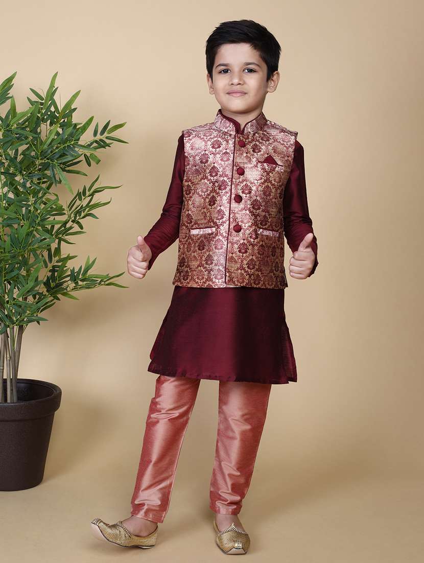 boys maroon self design kurta sets