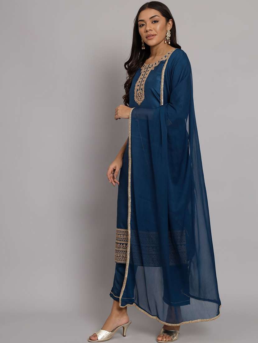 women teal embroidered kurta pant set with dupatta
