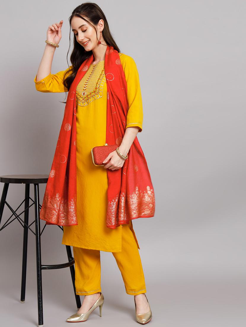 yellow kurta pant set with dupatta - 20194172 - Standard Image - 4