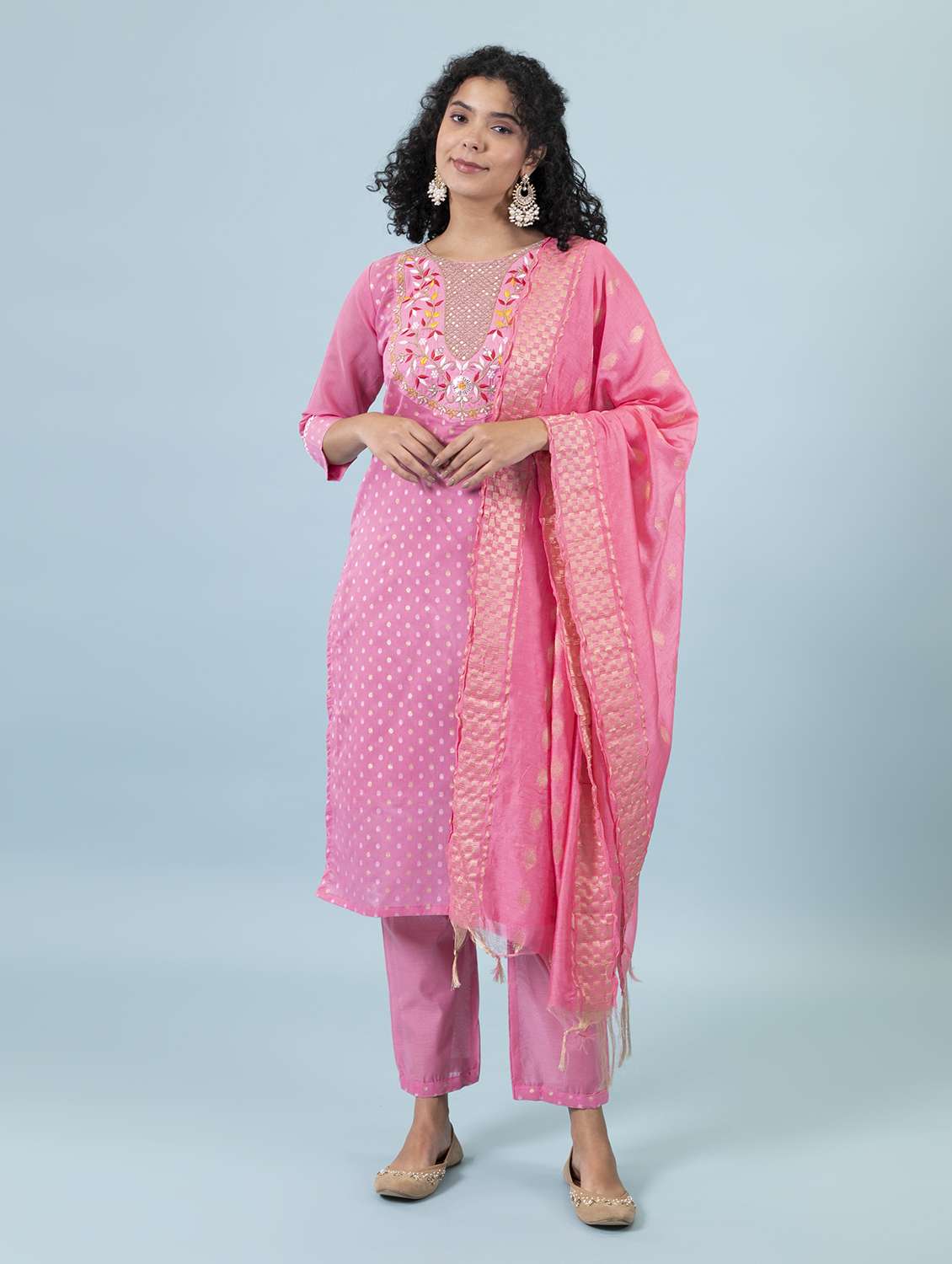 women three quarter sleeve kurta pant with dupatta set