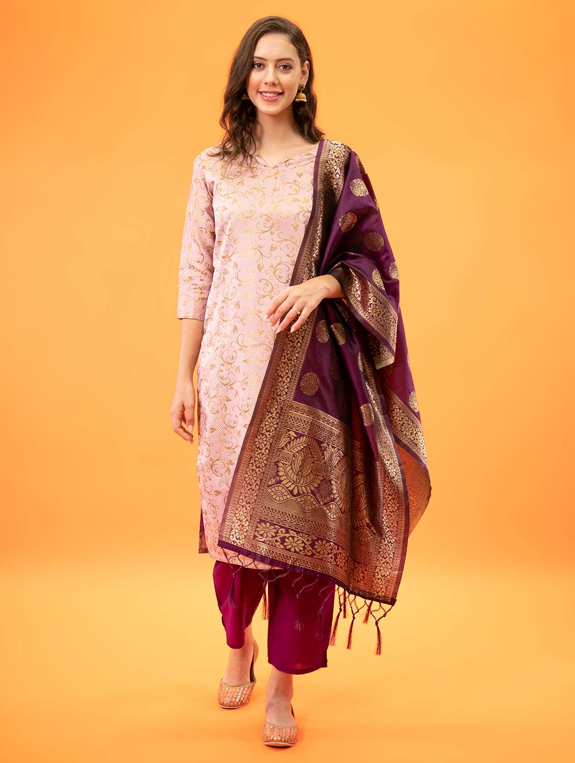 women three quarter sleeve kurta pant with dupatta set