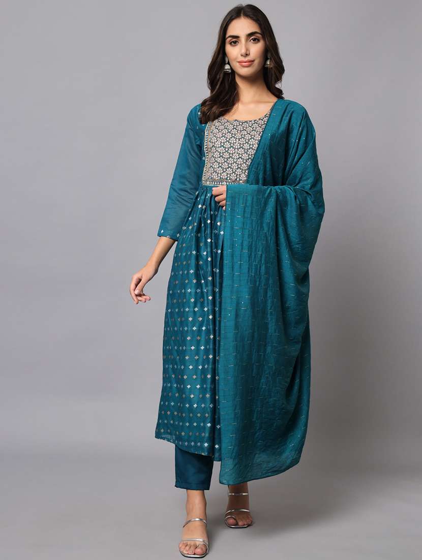 women three quarter sleeve anarkali kurta pant with dupatta set