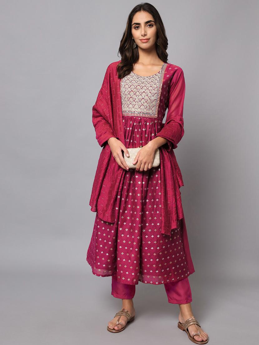 women three quarter sleeve anarkali kurta pant with dupatta set